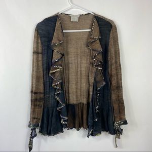 Alberto Makali Ruffle Color-block Cardigan Womens Medium Long Sleeve Open Front